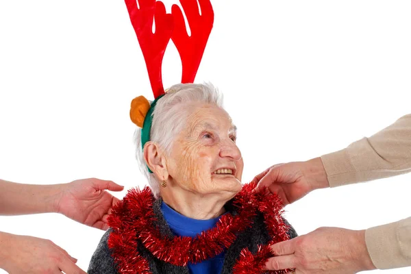 Decoración de Navidad y diversión con la abuela — Foto de Stock