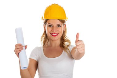 Güzel genç mühendis başparmak gösterilmesini