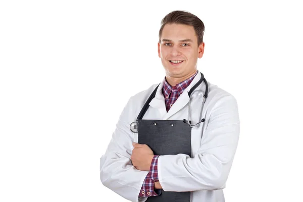 年轻的男医生拿着保险形式 — 图库照片