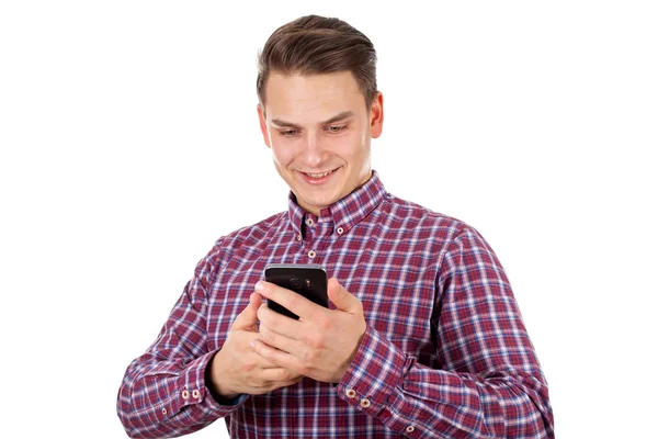 Jovem mago feliz enviou uma mensagem de texto — Fotografia de Stock