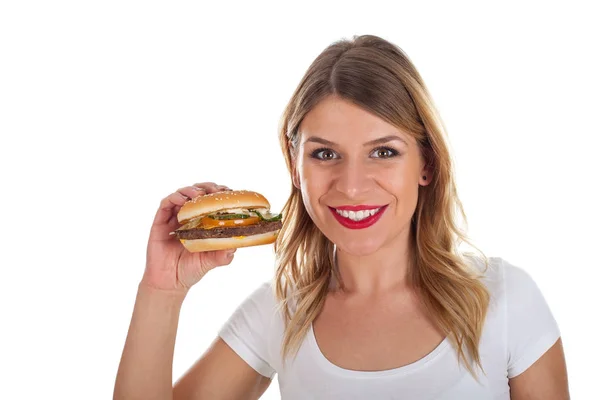 Hermosa joven con hamburguesa — Foto de Stock