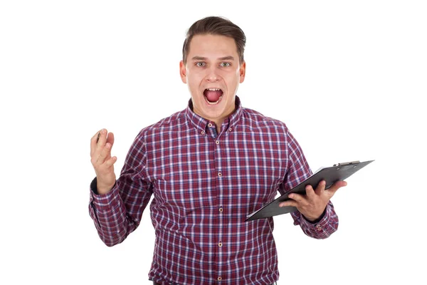 Jeune homme en colère faisant de la paperasse — Photo