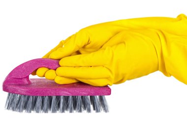 Fırça ve sarı eldiven temizlik mor