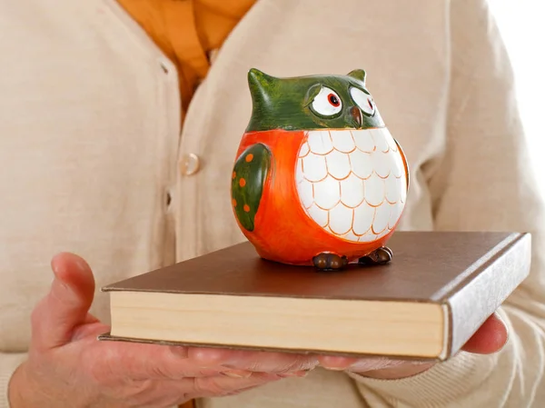 Book & owl symbol of wisdom — Stock Photo, Image