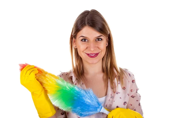 Sexy female housekeeper with flannel — Stock Photo, Image