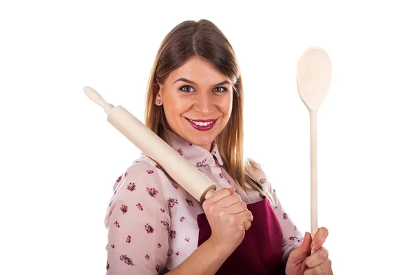 Szexi nő gazdaság konyha kanállal, és sütés sodrófa — Stock Fotó