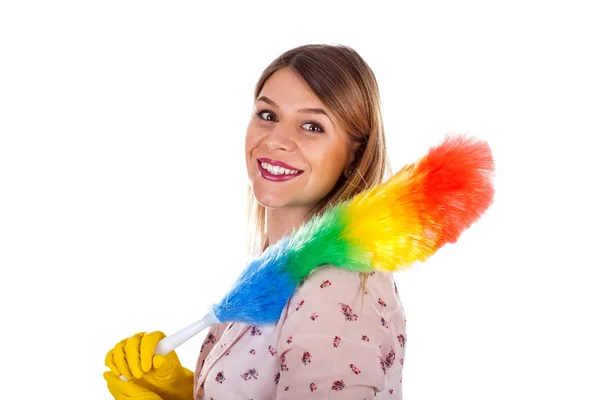 Sexy female housekeeper with flannel — Stock Photo, Image