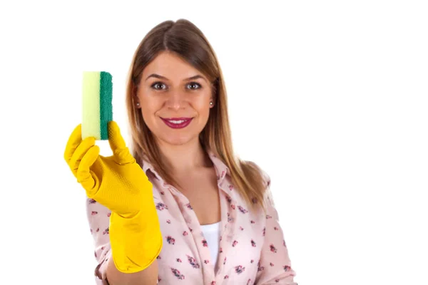 Linda senhora segurando uma escova de limpeza — Fotografia de Stock