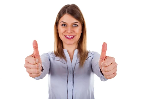 Beautiful young woman showing thumbs up — Stock Photo, Image