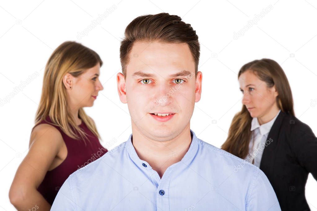 Confused young man with jealous women
