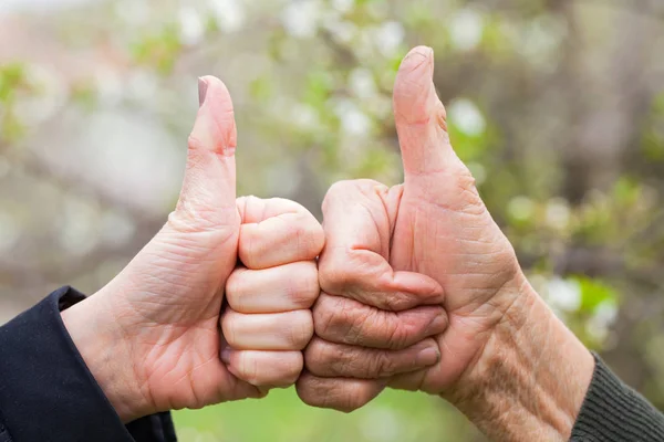Пожилая и молодая женщина показывает большие пальцы вверх — стоковое фото