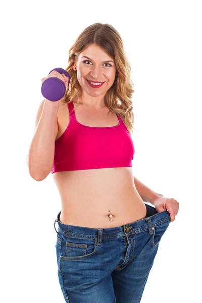 Vastberaden vrouw doen fitness oefening op geïsoleerde achtergrond — Stockfoto