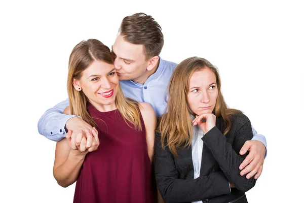 Happy couple & frustrated ex girlfriend — Stock Photo, Image