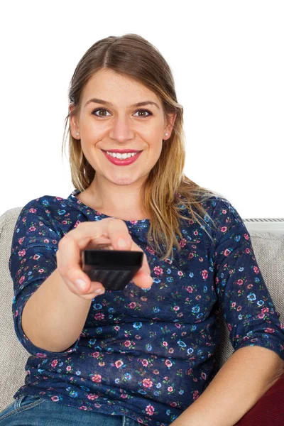 Mujer atractiva viendo la televisión — Foto de Stock