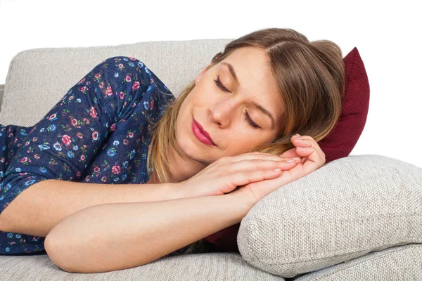 सोफ्यावर स्त्री डोकेदुखी येत — स्टॉक फोटो, इमेज