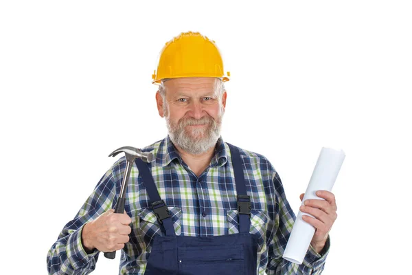 Construtor idoso com ferramenta de nível de espírito — Fotografia de Stock