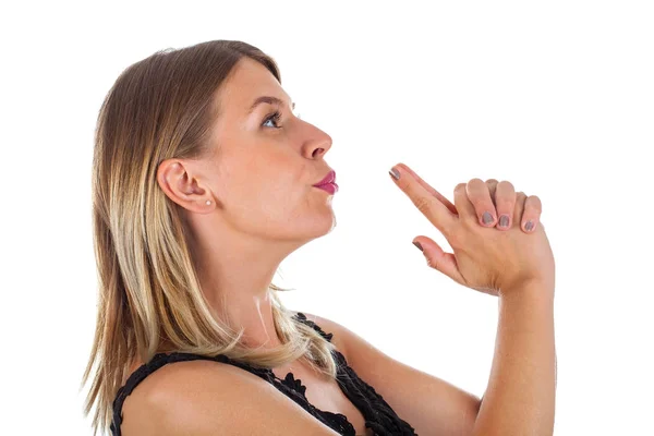 Sexy woman with fake handgun on isolated background — Stock Photo, Image