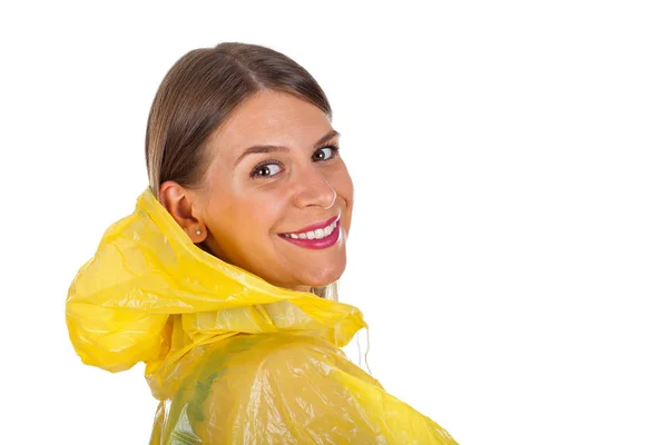 Mujer atractiva con impermeable amarillo - aislado — Foto de Stock