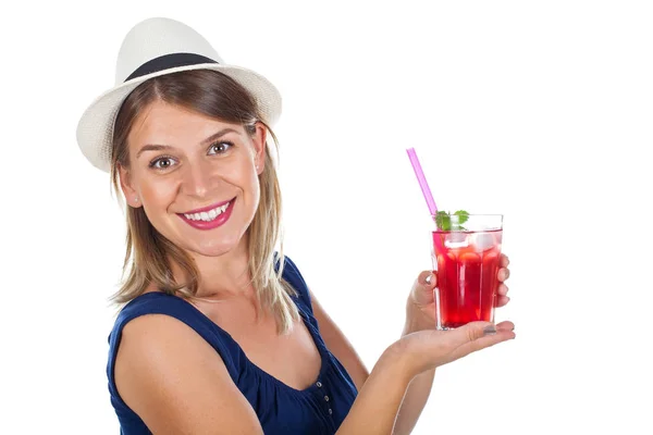 Mujer sosteniendo un jugo de frambuesa - aislado —  Fotos de Stock