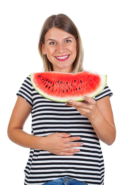 微笑的女士吃西瓜 & 抱着她的腹部 — 图库照片