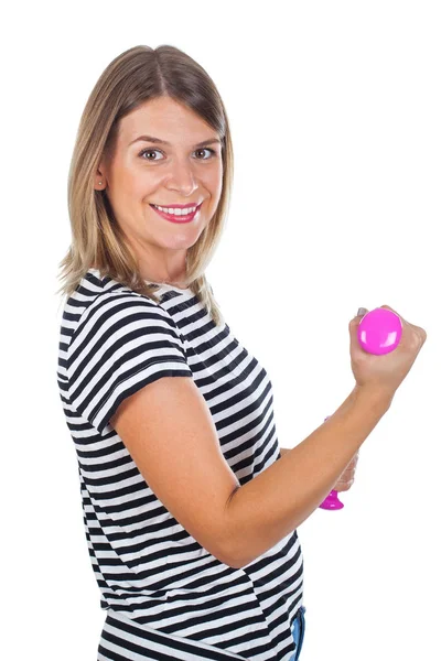 Usmívající se žena s růžovou činky — Stock fotografie