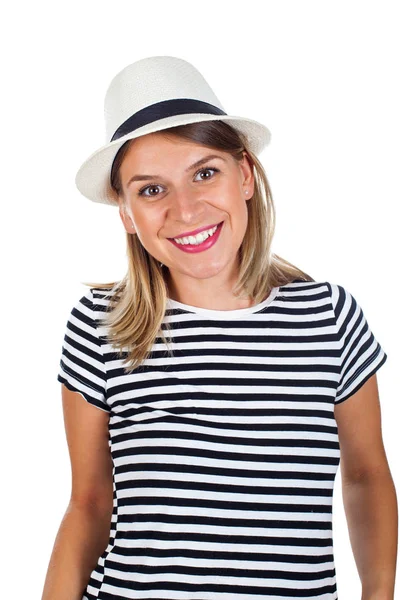 Boldog fiatal nő csíkos inget és kalap — Stock Fotó