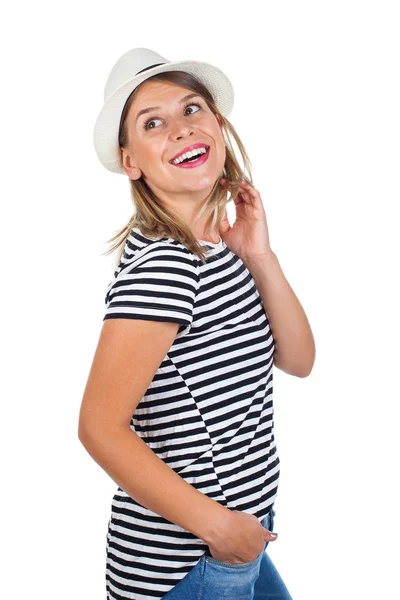 Happy young woman with striped shirt and hat — Stock Photo, Image