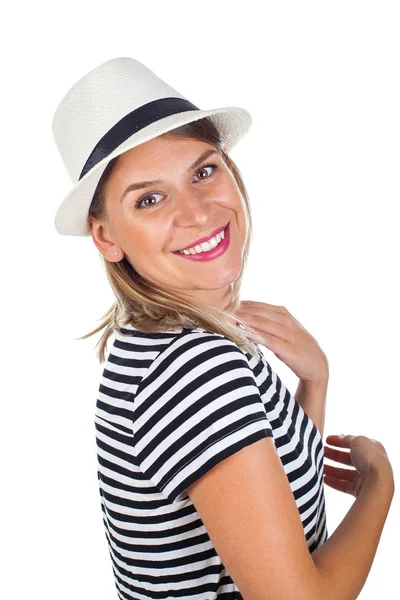 Mujer joven feliz con camisa a rayas y sombrero — Foto de Stock