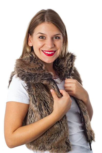 Beautiful woman with fur vest — Stock Photo, Image