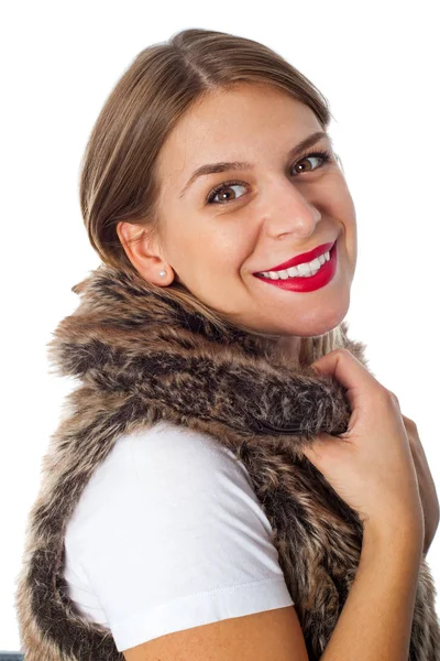 Mulher sorridente com colete de pele — Fotografia de Stock