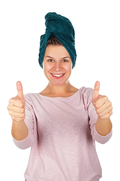 Smiling woman after bath - thumbs up — Stock Photo, Image