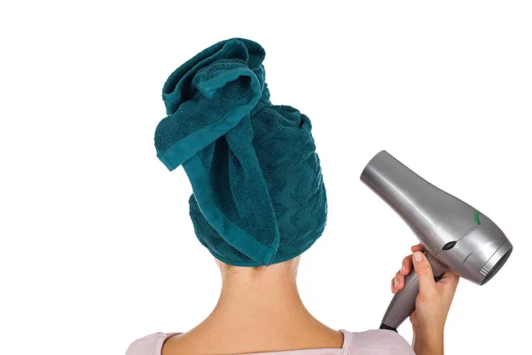 Hair drying female - back view — Stock Photo, Image