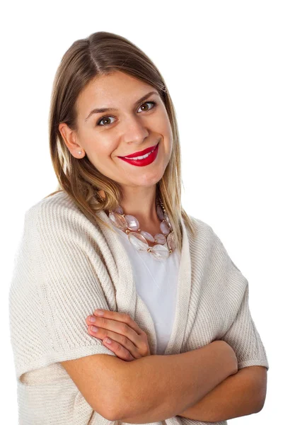 Charming lady with red lips and knitted cardigan — Stock Photo, Image