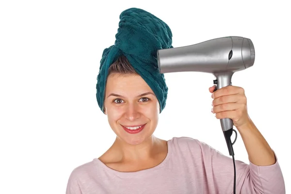 Hair drying female - isolated — Stock Photo, Image