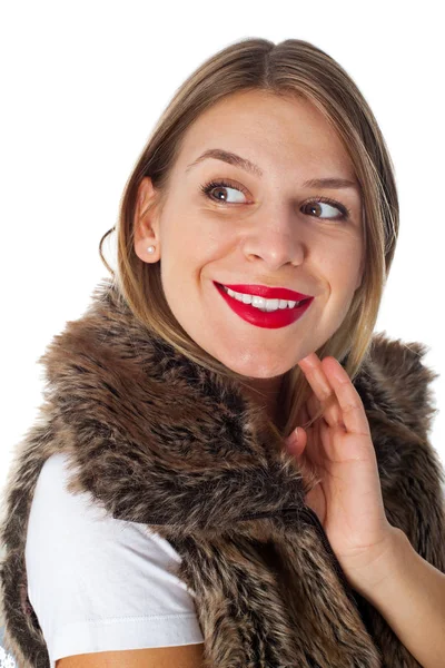 Charming lady with red lips and fur vest — Stock Photo, Image