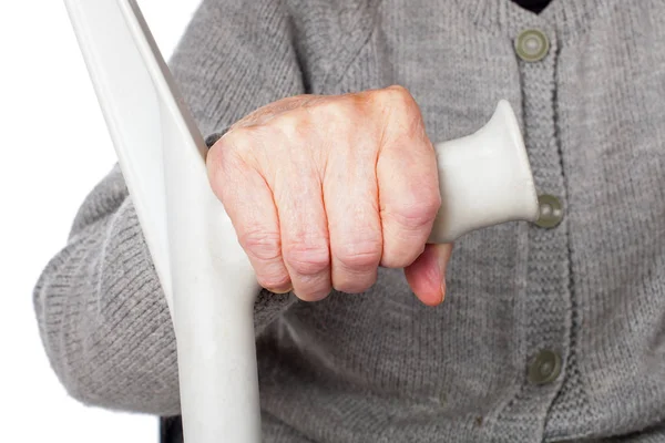 Mujer anciana discapacitada con muleta — Foto de Stock