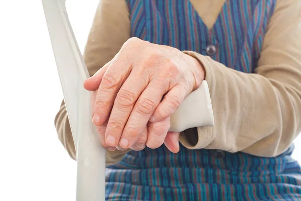 Disabled elderly woman with crutch — Stock Photo, Image