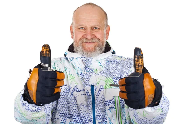 Hombre alegre en traje de esquí mostrando los pulgares hacia arriba — Foto de Stock