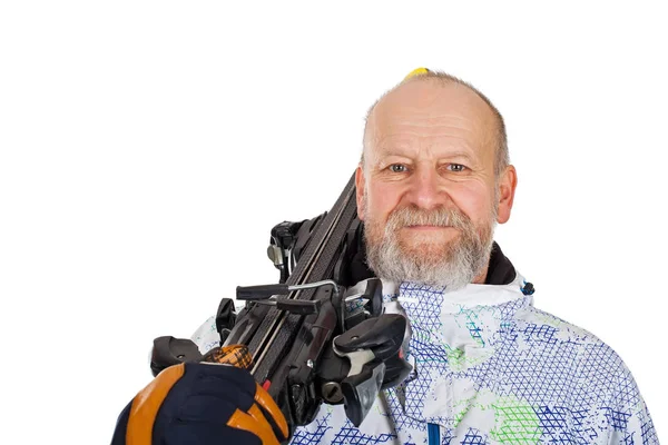 Handsome elderly man with skis — Stock Photo, Image