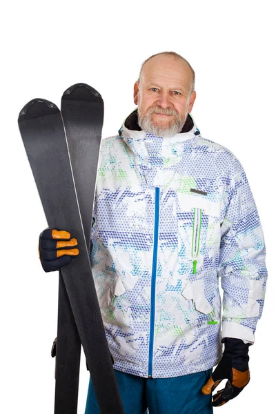 Handsome elderly man with skis — Stock Photo, Image