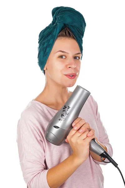 Woman before hair drying - holding like a gun — Stock Photo, Image