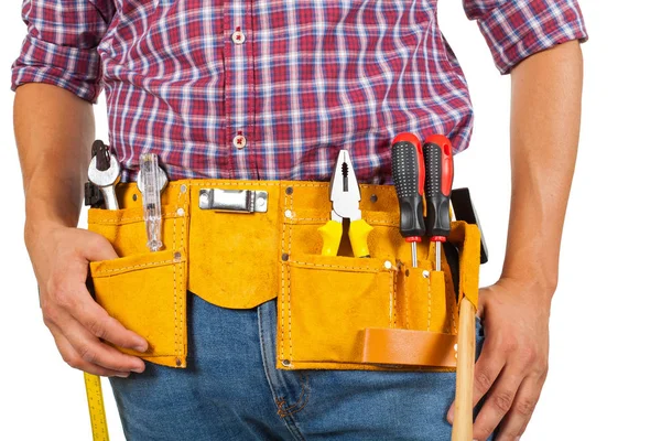Close Picture Young Handyman Yellow Tool Belt Isolated Background — Stock Photo, Image