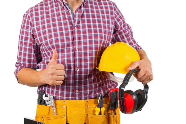 Close Picture Carpenter Yellow Tool Belt Holding Safety Helmet Headphones — Stock Photo, Image