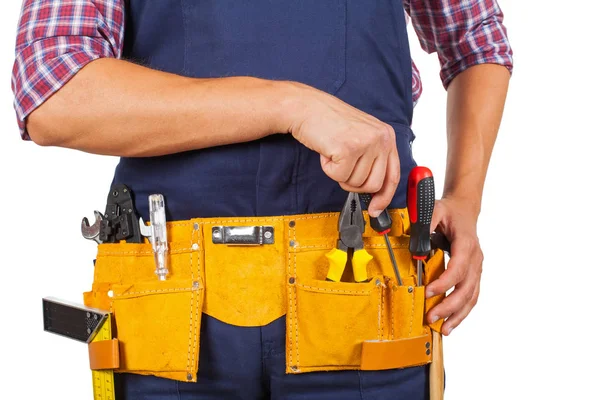 Close Picture Young Handyman Yellow Tool Belt Isolated Background — Stock Photo, Image