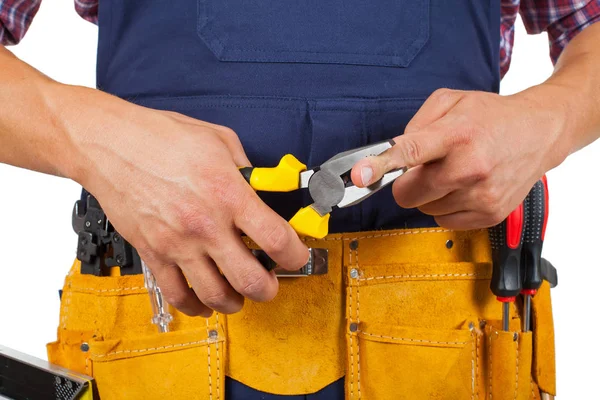Close Picture Handyman Yellow Tool Belt Holding Pliers Isolated Background — Stock Photo, Image