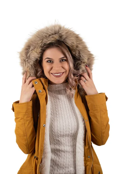 Charming woman with mustard jacket — Stock Photo, Image