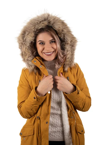 Charming woman with mustard jacket — Stock Photo, Image