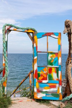 Vama Veche Seashore 'de renkli Teras Bar, Romanya, Karadeniz 