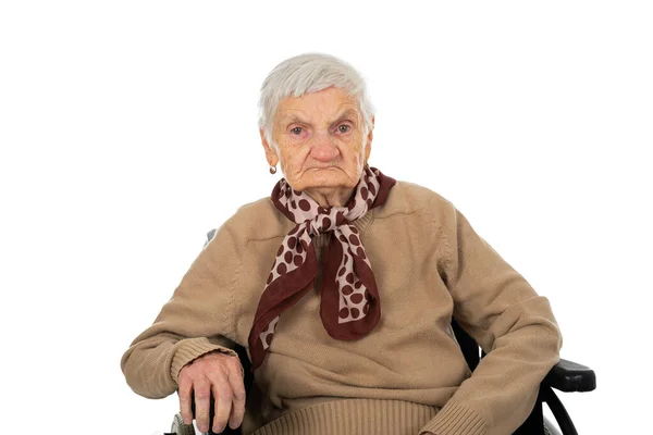 Portrait Old Depressed Lady Sitting Alone Being Pensive Isolated Background — Stock Photo, Image