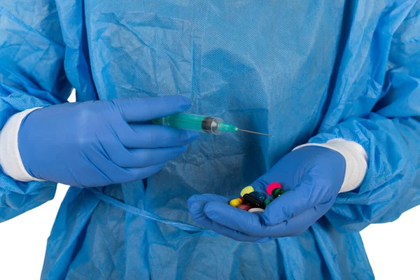 Közelkép Védőegyenruhás Sebészről Injekciót Orvosi Gyógyszereket Tartó Kesztyűkről — Stock Fotó